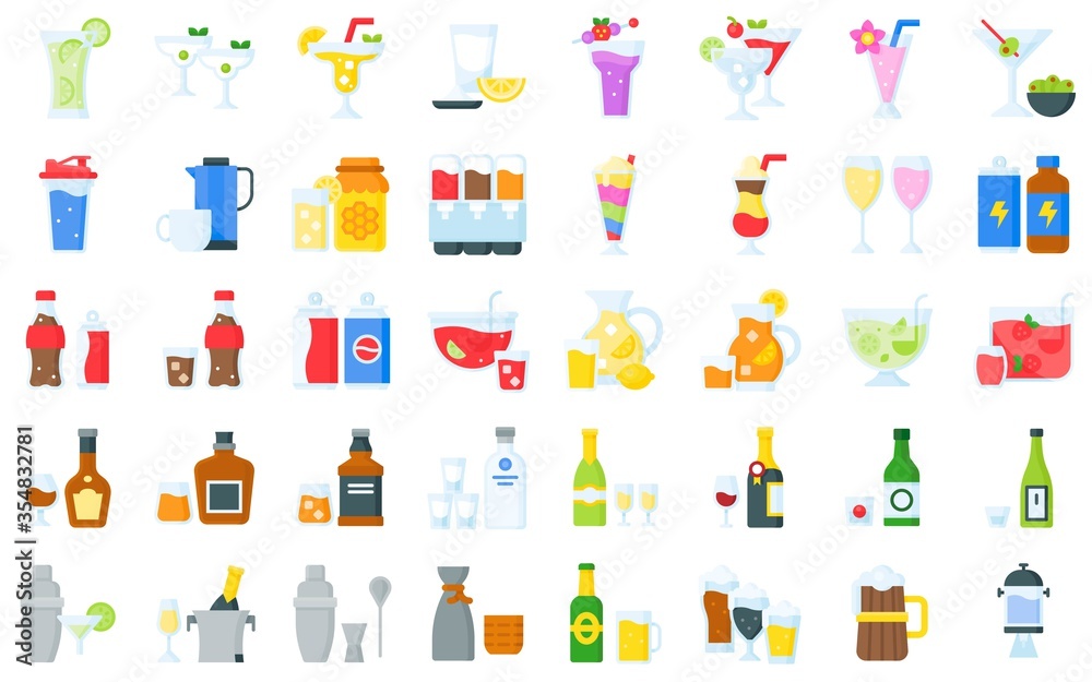 Mixed drink and Alcoholic beverage icon set, flat stye Mixed drink and Alcoholic beverage icon set, flat stye