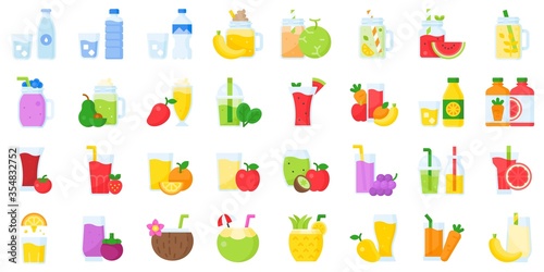 Fototapeta Naklejka Na Ścianę i Meble -  Water Juice and Smoothie vector icon set, flat style