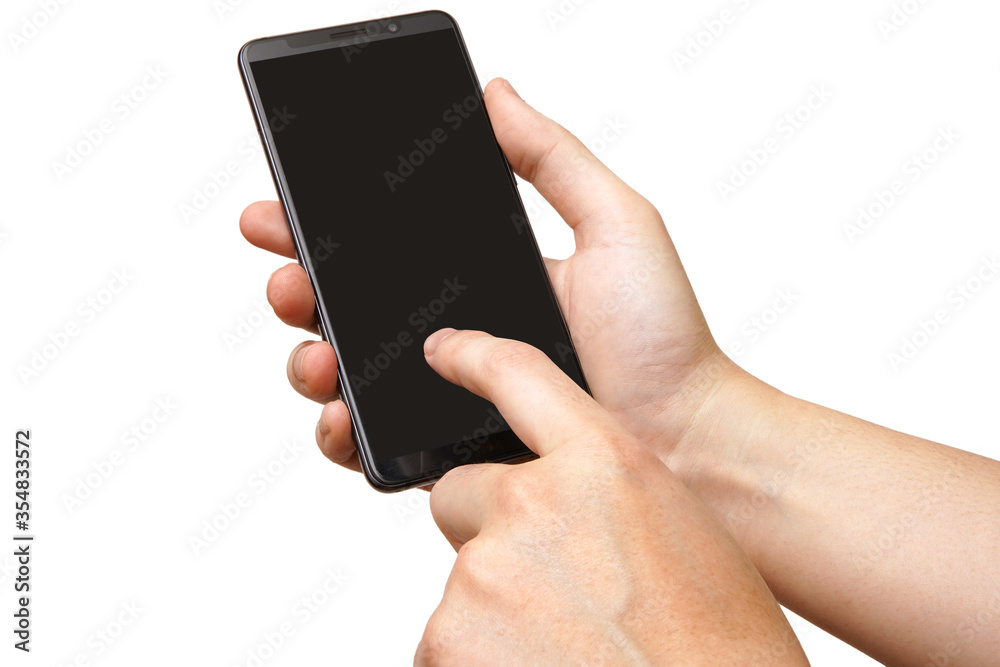 スマホの操作をする男性の手-白背景 スマホの操作をする男性の手-白背景