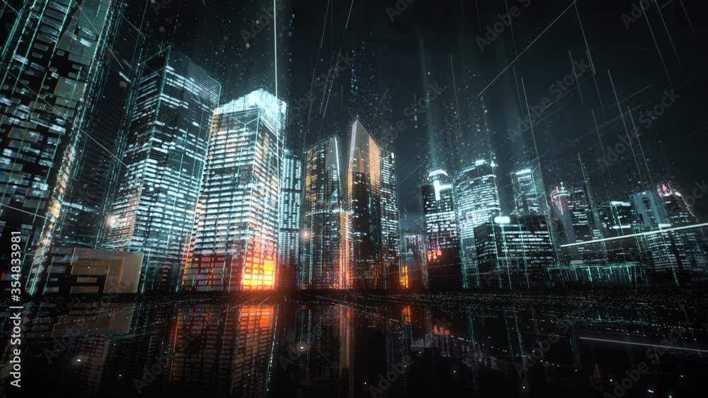 Cityscape with futuristic network connection and data communication. Technology concept. Hyperlapse