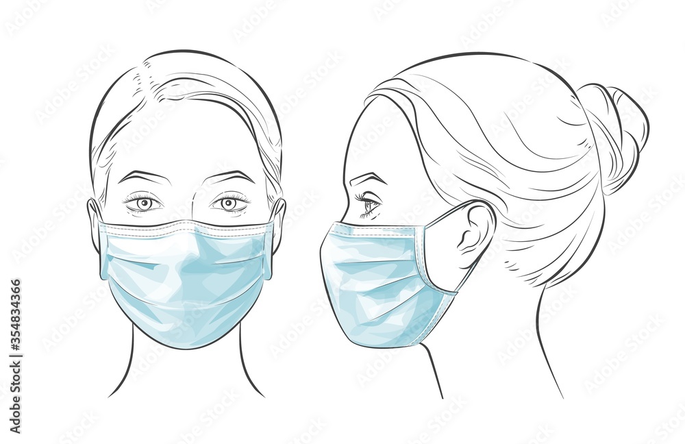 Vector illustration Woman wearing disposable medical surgical face mask.