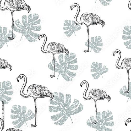 Seamless pattern with hand drawn flamingo and tropical leaves, vintage style