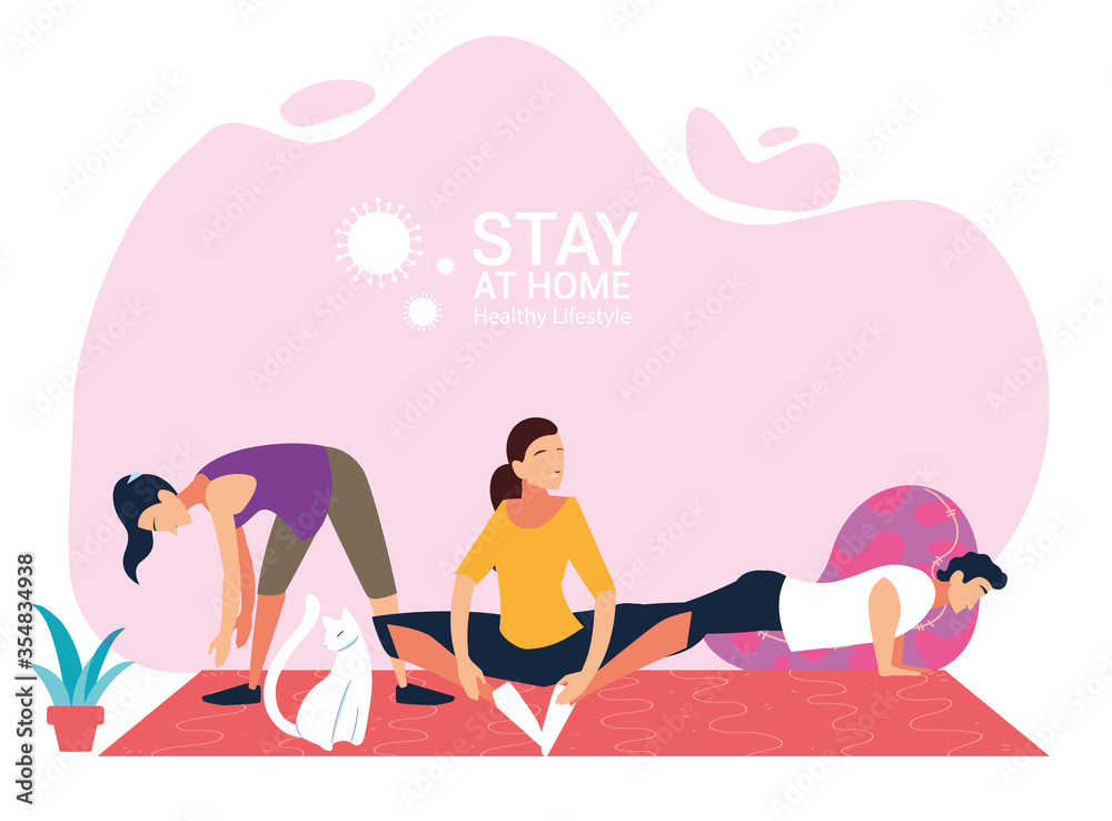 people doing stretching and strength exercises at home