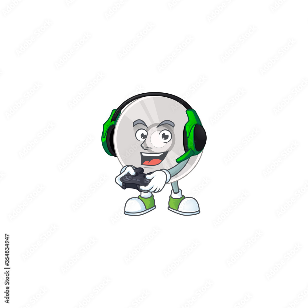 A cartoon design of compact disk clever gamer play wearing headphone