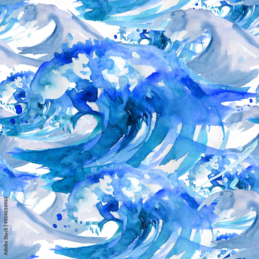 Fototapeta premium Abstract blue waves. Seamless watercolor background.