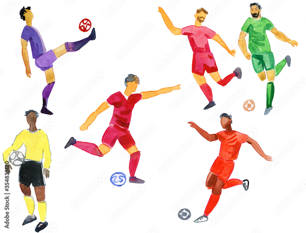 Seamless background. Soccer players kicks the ball with paint splatter design. footballer. isolated on white background. watercolor illustration. Shooting soccer player.