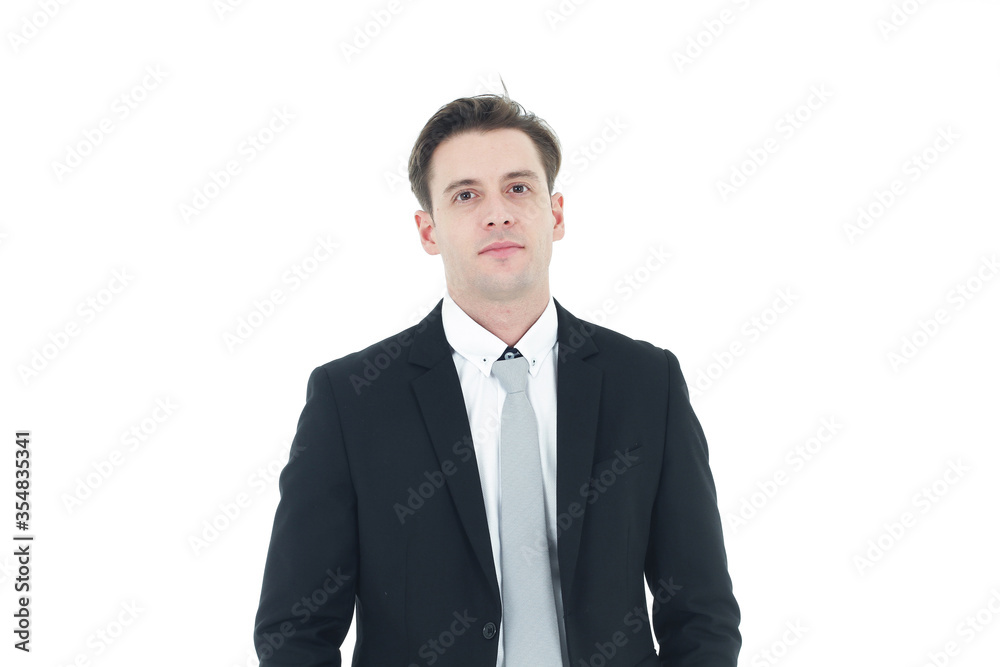 Handsome and smart businessman in black suit isolated on white background. Copy Space Handsome and smart businessman in black suit isolated on white background. Copy Space