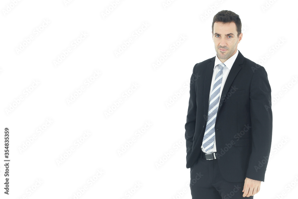 Handsome and smart businessman in black suit isolated on white background. Business and Finance concept. Copy Space Handsome and smart businessman in black suit isolated on white background. Business and Finance concept. Copy Space