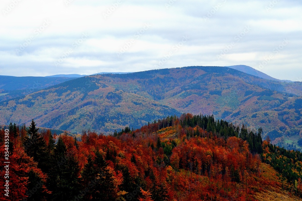 panorama of Beskydy mountains in autumn colors
