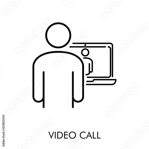 Hombre realizando vídeo llamada en ordenador portatil. Icono plano lineal con texto VIDEO CALL en color negro