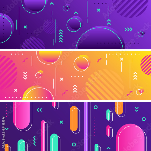 Geometric abstract banners. Trendy vibrant patterns and dynamic composition. Future geometric patterns. Colorful halftone gradient banners vector illustration set