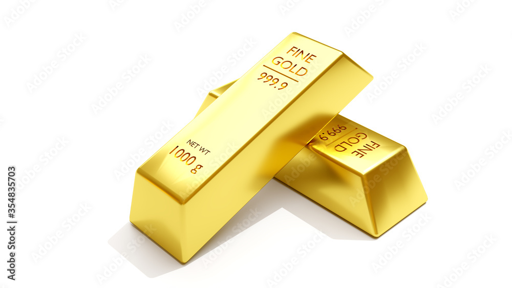 Close-up 3D animation view of fine gold bars on white background. Close-up 3D animation view of fine gold bars on white background.