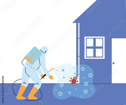Men wearing protective suits and isolated disinfectant to avoid covid 19, disinfecting houses