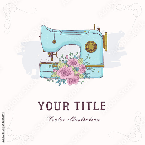 Vector hand drawn illustration of sewing machine and flowers