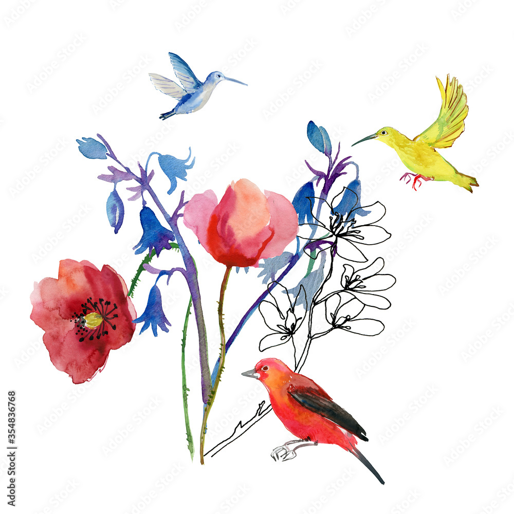 Watercolor  flowers and birds  composition. Hand drawn wallpaper design. 