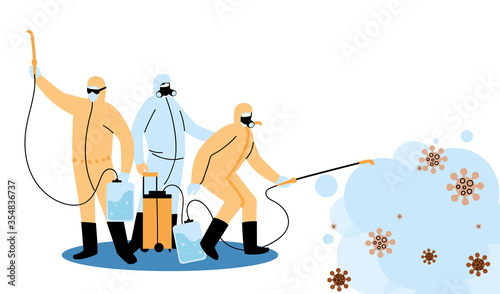 Men wearing protective suit and disinfectant isolated to avoid covid 19