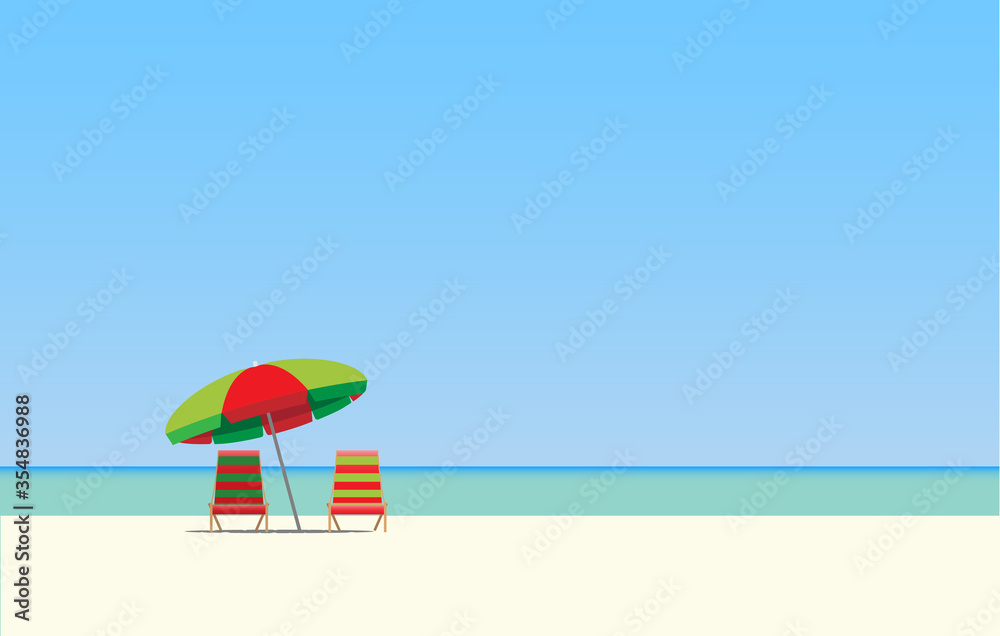 Two sun beds and a beach parasol.