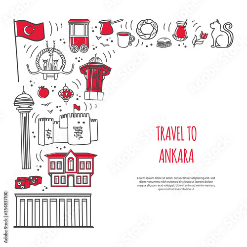 Travel to Ankara, Turkey. Vector card design with famous Turkish symbols and place for your text. Landmarks of Ankara in line doodle style on the banner template. Travel to Turkey concept.