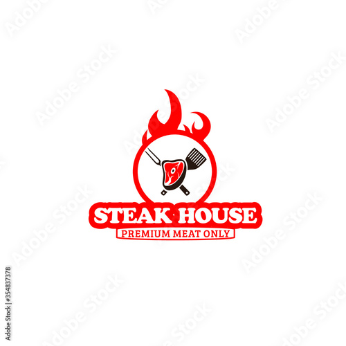 Vector illustration of burning red circle frame with sliced meat, fork and spatula and simple text isolated on white background perfect for restaurant icon or logo template