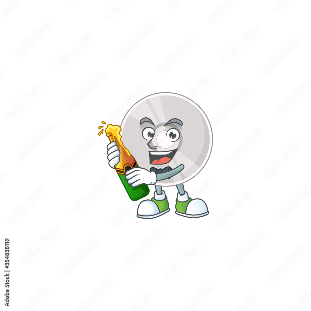 Happy face of compact disk cartoon design toast with a bottle of beer