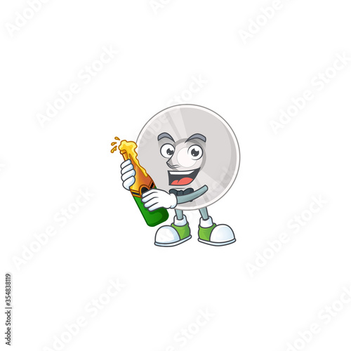 Happy face of compact disk cartoon design toast with a bottle of beer