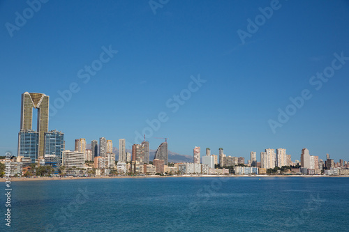 Benidorm Spain Poniente playa Costa Blanca with blue sea and skyscraper hotels 