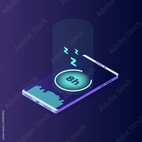 Sleep tracker, Fitness Smart Phone Application, Smart alarm clock. Vector isometric illustration