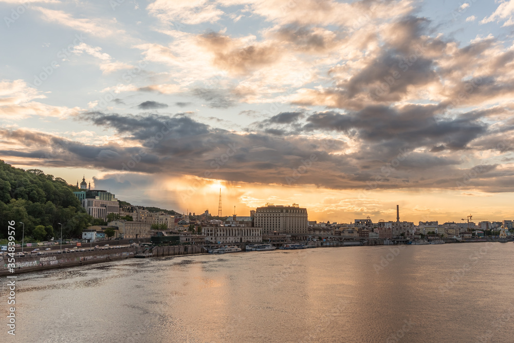 Kyiv (Kiev), Ukraine - June 02, 2020: A gorgeous sunset from Trukhaniv Island with a view on the famous river Dnipro (Dnepr)