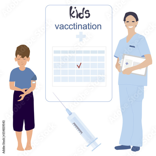 Kids vaccination, doctor with medical vaccine against virus and boy vector illustration for epidemic of coronavirus covid-19 infection, protect children.
