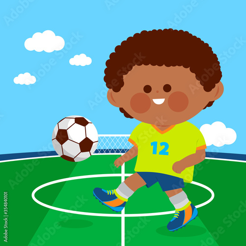 Little child plays soccer at the football stadium. Vector illustration