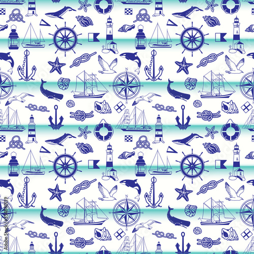Seamless pattern on the marine theme. Isolated elements on a light background: sailboats, anchors, seagulls, whales, sea knots, lighthouses, steering wheel. Vector graphics.