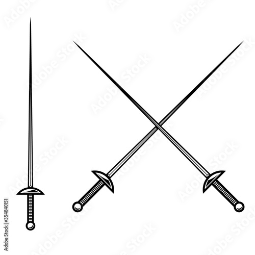 Crossed fencing swords isolated on white background. Design element for logo, label, sign, badge. Vector illustration