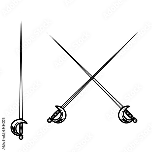 Crossed fencing swords isolated on white background. Design element for logo, label, sign, badge. Vector illustration