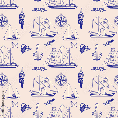 Seamless pattern of sailing ships, anchors and nautical knots. Vector graphics.