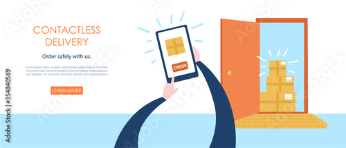 Contactless delivery. Person making order online and receiving boxes near the apartment door. Non-contact express delivery service. Self isolation and quarantine lifestyle. Web site banner design.