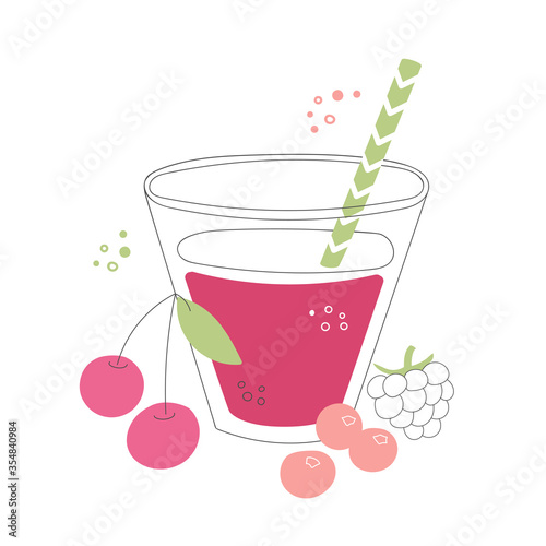 Fresh berry smoothie in a glass with a straw. Cherry, cranberry, and raspberry drink. Delicious summer drink in modern doodle style. Whimsical food illustration. 