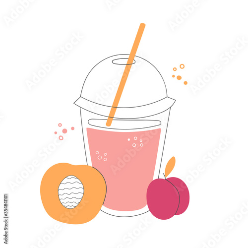 Fresh peach and plump smoothie. Plastic take away cup with a straw. Delicious summer drink on the go in doodle style. Whimsical food illustration. 