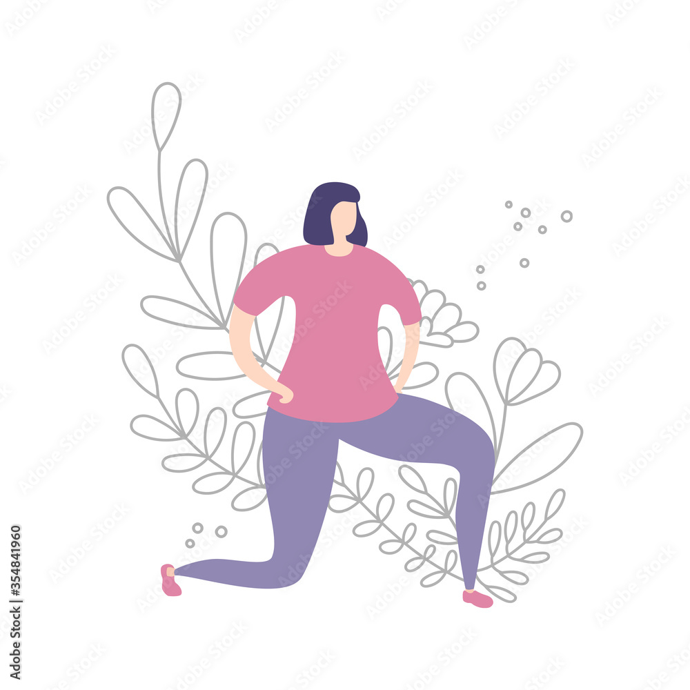 Young woman doing lunge exercise. Exercising lady and floral ornament. Cute doodle flowers, plants in line style. Beautiful design of female fitness classes. Vector illustration on sports and workout.