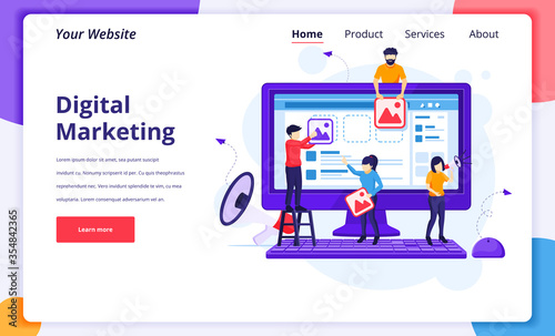 Digital Marketing concept, people putting content images to promote products online. Modern flat web page design for website and mobile website. Vector illustration