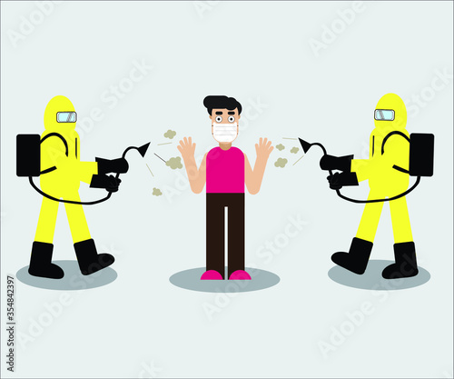 Vector Illustration of people using PPE suit sanitize a man from Covid-19 virus. Health concept