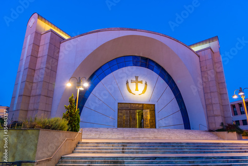 Night view of Resurrection of Christ Orthodox Cathedral in Tirana, Albania photo