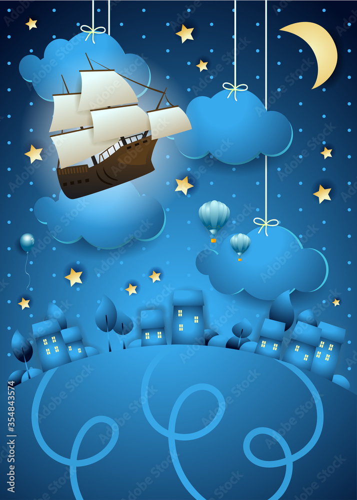 Fantasy landscape by night with flying vessel and lights - obrazy, fototapety, plakaty 