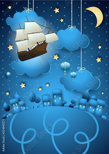 Fantasy landscape by night with flying vessel and lights