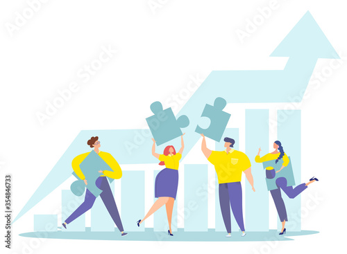 Business concept. People connect puzzle elements. Teamwork brings results, the schedule tends to the top. Flat vector illustration.