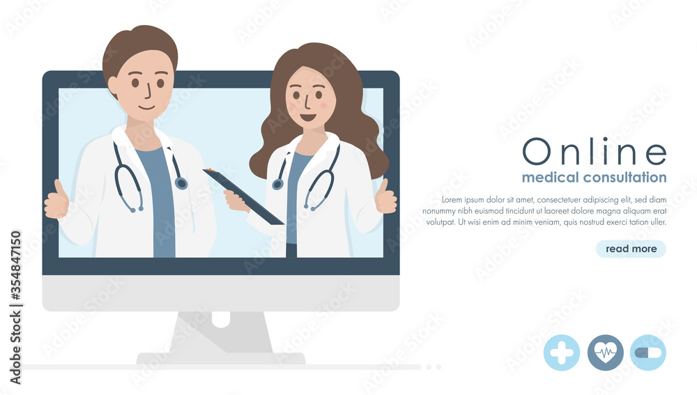 Computer screen of doctor with stethoscope, patient medical records and health icons. Online doctor, medical consultation and healthcare concept. Flat vector illustration. Copy space for text.