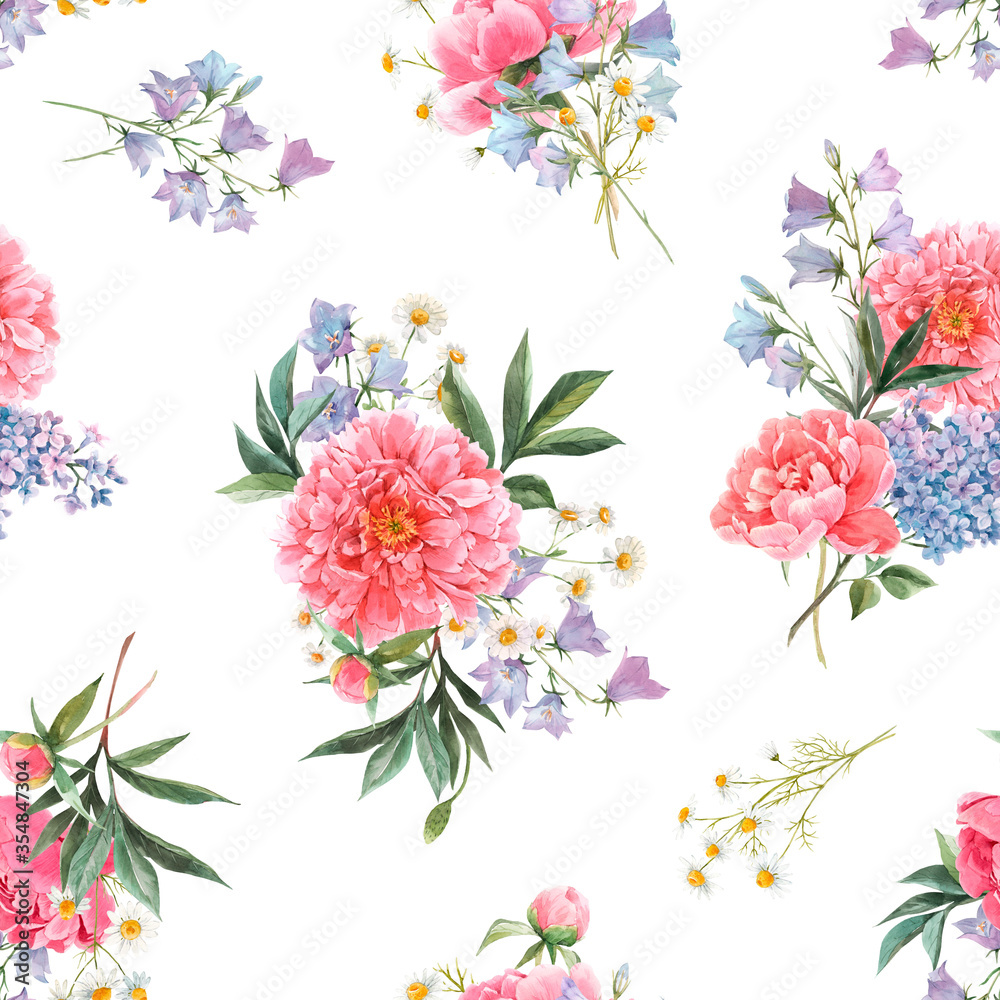 Beautiful seamless floral pattern with watercolor pink peony and other summer flowers. Stock illustration.