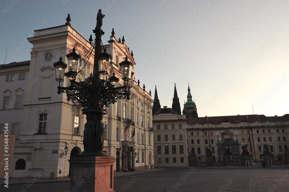 Archbishop's Palace on Prague's Hradčany Square. Vintage street lamp.