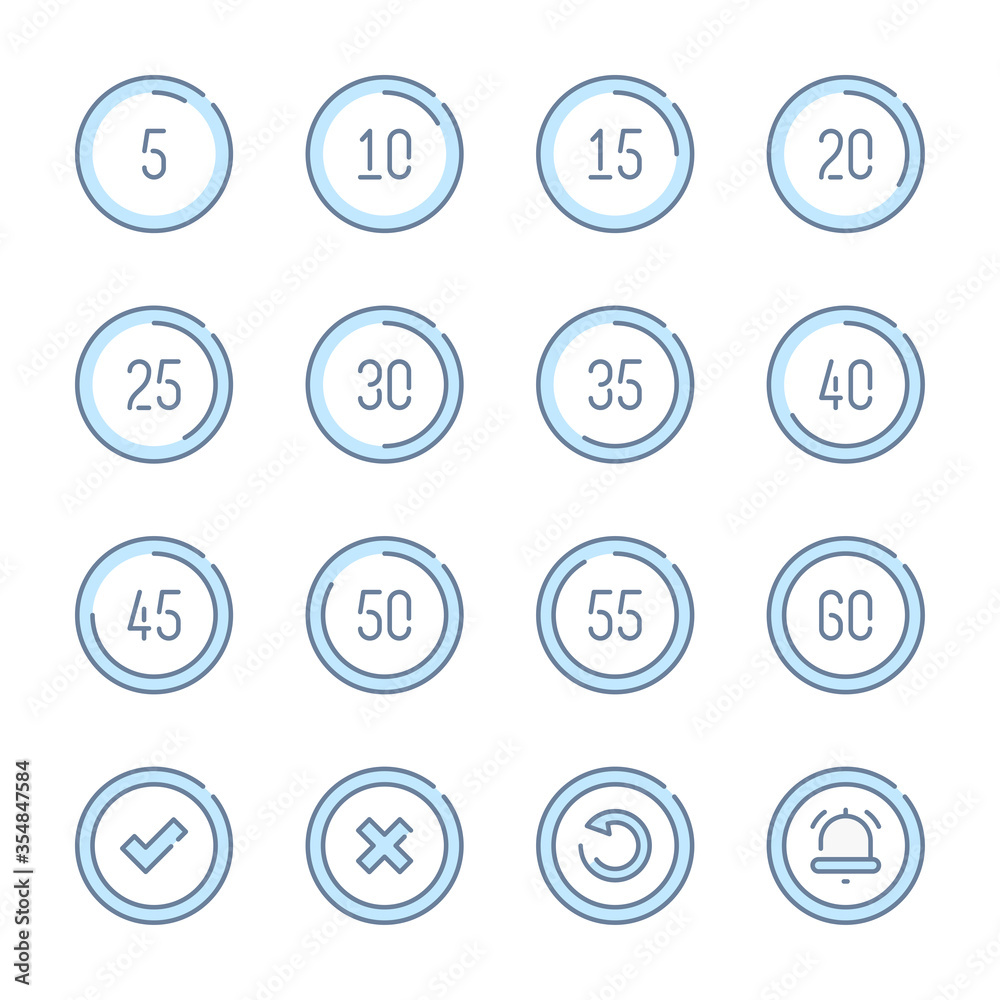 Timepiece and Time Countdown related blue line colored icons. Timer, Stopwatch and Time Measurement icon set. Timepiece and Time Countdown related blue line colored icons. Timer, Stopwatch and Time Measurement icon set.