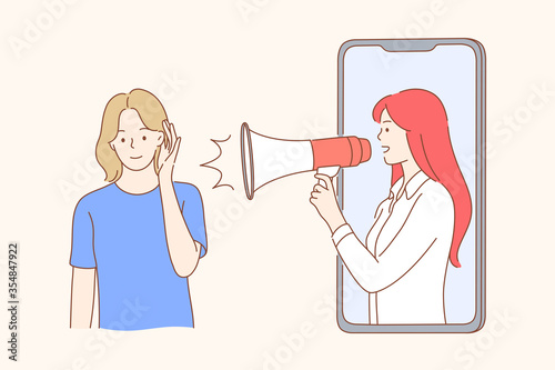 Business, promotion, advertising, social media concept. Young woman girl shouting at megaphone sharing referral bussiess partnership with friend. Affiliate digital marketing strategy illustration.