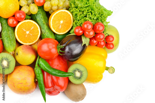 Fruits and vegetables isolated on a white background. Healthy food. Free space for your text.